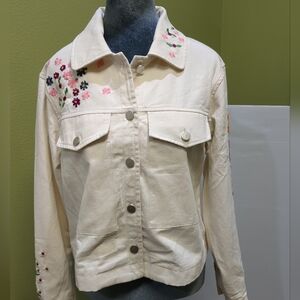 0311 Dolan Anthropologie Off-White Floral Embroidered Jean Jacket New W/out Tags